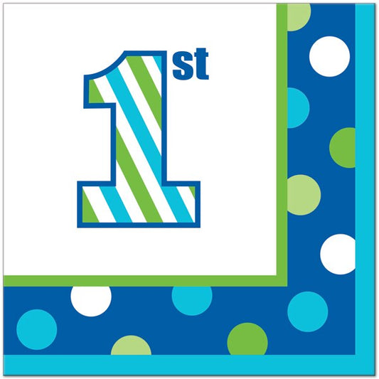 Blue and Green Stripes 1st Birthday Lunch Napkins, 6.5 inch fold, set of 16