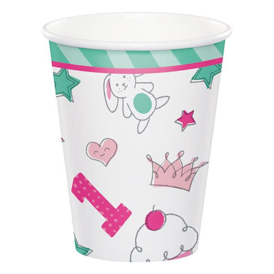 Doodle 1st Birthday Pink Cups, 9 oz, 8 ct