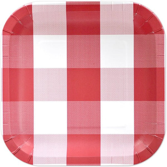 Red and White Plaid Dinner Plates, 9 inch, 8 count