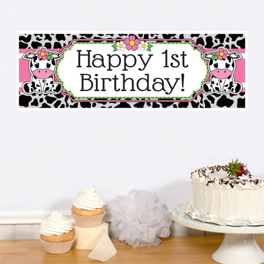 Little Cow Pink 1st Birthday Tiny Banner, 8.5x11 Printable PDF Digital Download by Birthday Direct