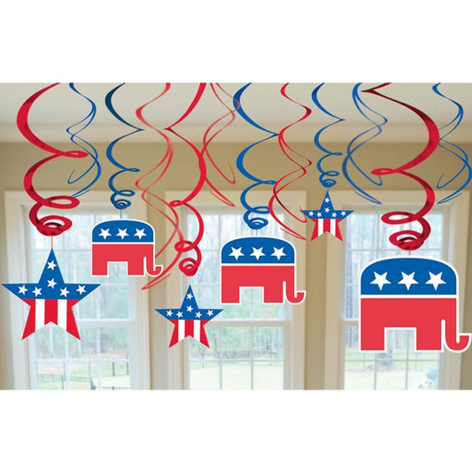 Republican Dangling Swirl Decorations, 5 inch cut-out, set of 12
