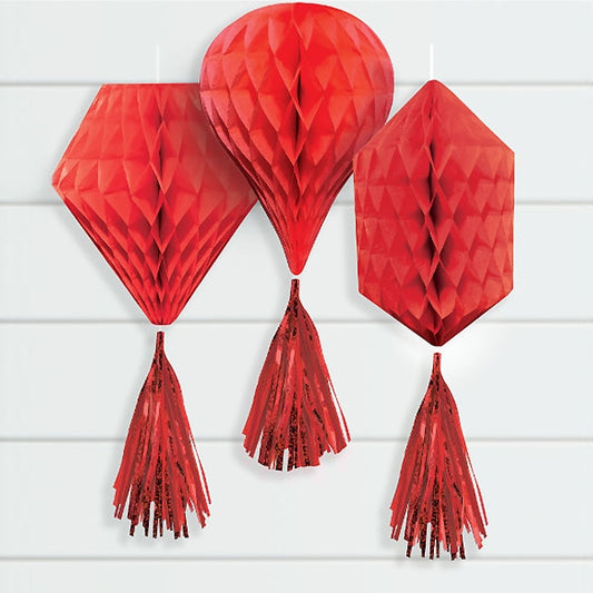 Red Tissue Decorations with Tassels, 12 inch, 3 count