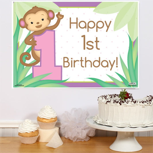 Little Monkey Pink 1st Birthday Sign, 8.5x11 Printable PDF Digital Download by Birthday Direct