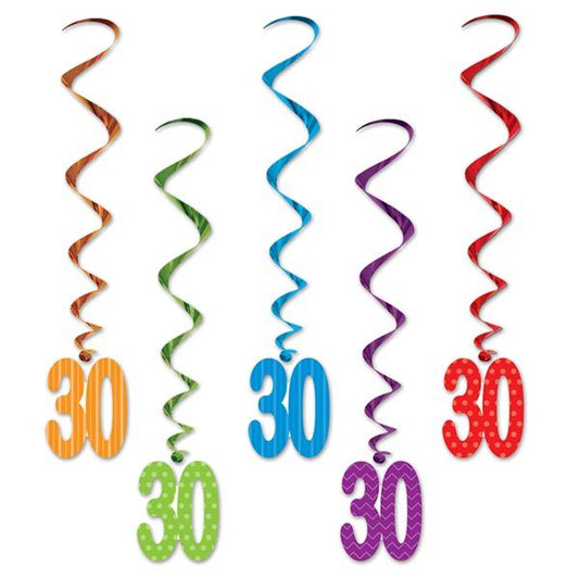 30th Birthday Multicolored Dangling Swirl Cutouts, 5 count