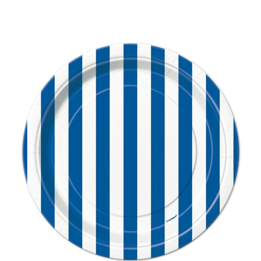 Royal Blue with White Stripe Dessert Plates, 7 inch, 8 count