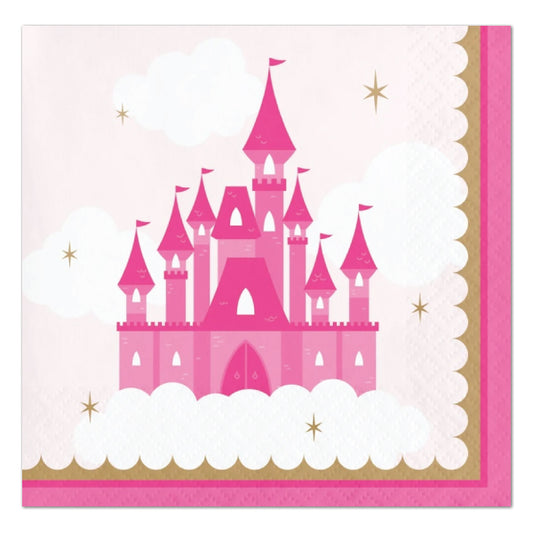 Pink Princess Castle Party Beverage Napkins, 5 inch fold, set of 16