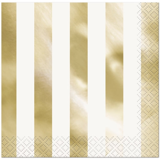 Gold Foil with White Stripe Lunch Napkins, 6.5 inch fold, set of 16