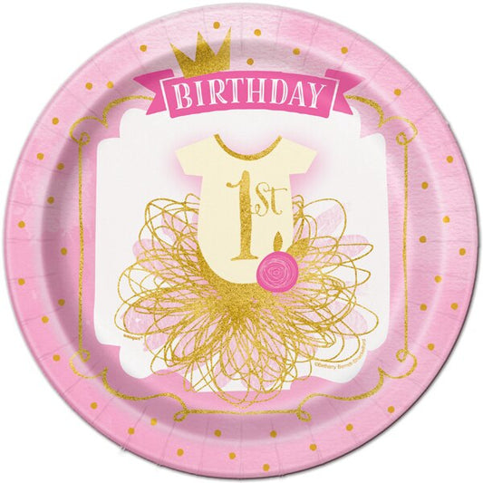 Pink and Gold 1st Birthday Dinner Plates, 9 inch, 8 count