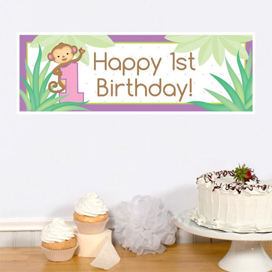 Little Monkey Pink 1st Birthday Tiny Banner, 8.5x11 Printable PDF Digital Download by Birthday Direct