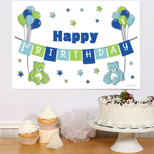 Doodle Bear 1st Birthday Blue Sign, 8.5x11 Printable PDF Digital Download by Birthday Direct