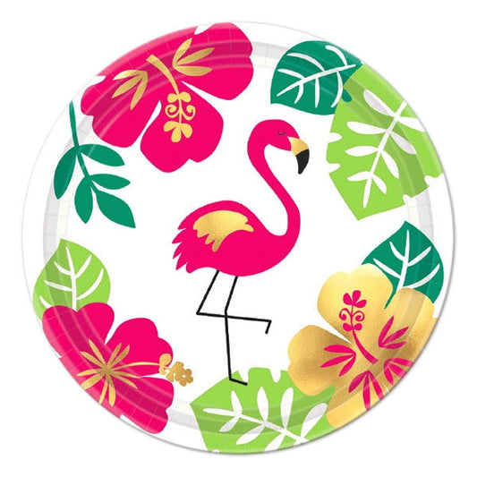 Aloha Flamingo Tropic Party Metallic Dessert Plates, 7 inch, 8 count