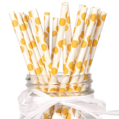 Straws, Eco-Friendly Bulk Yellow Polka Dot Paper Straws, 7.75 inch, set of 144