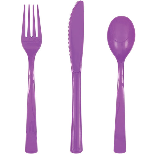 Pretty Purple Cutlery for 6 Settings, Reusable Plastic, 6 inch, set of 18