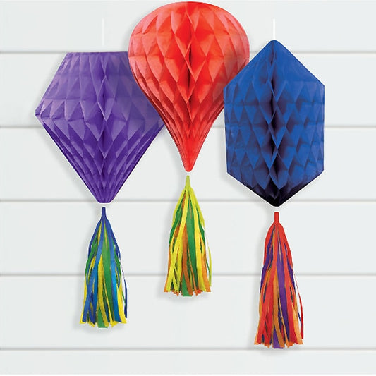 Rainbow Party Color Tissue Decorations with Tassels, 12 inch, 3 count