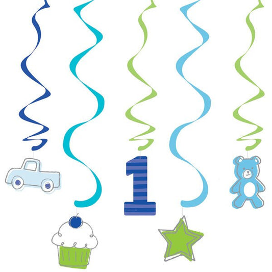 Doodle 1st Birthday Blue Dangling Swirl Decorations, 30 inch, 5 count