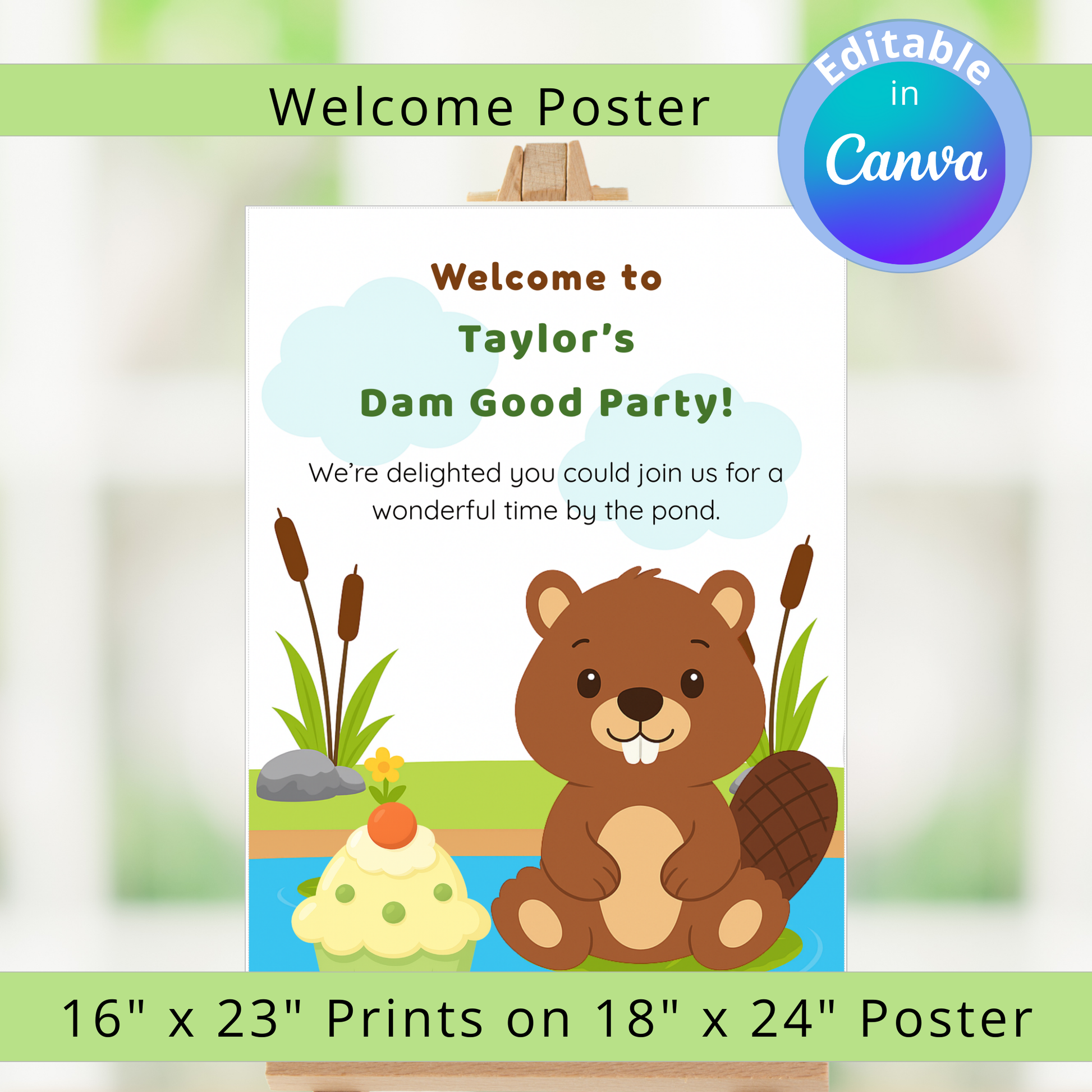 Party invitation poster with a beaver design and text, featuring Canva's editing option.