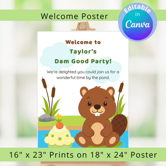 Party invitation poster with a beaver design and text, featuring Canva's editing option.