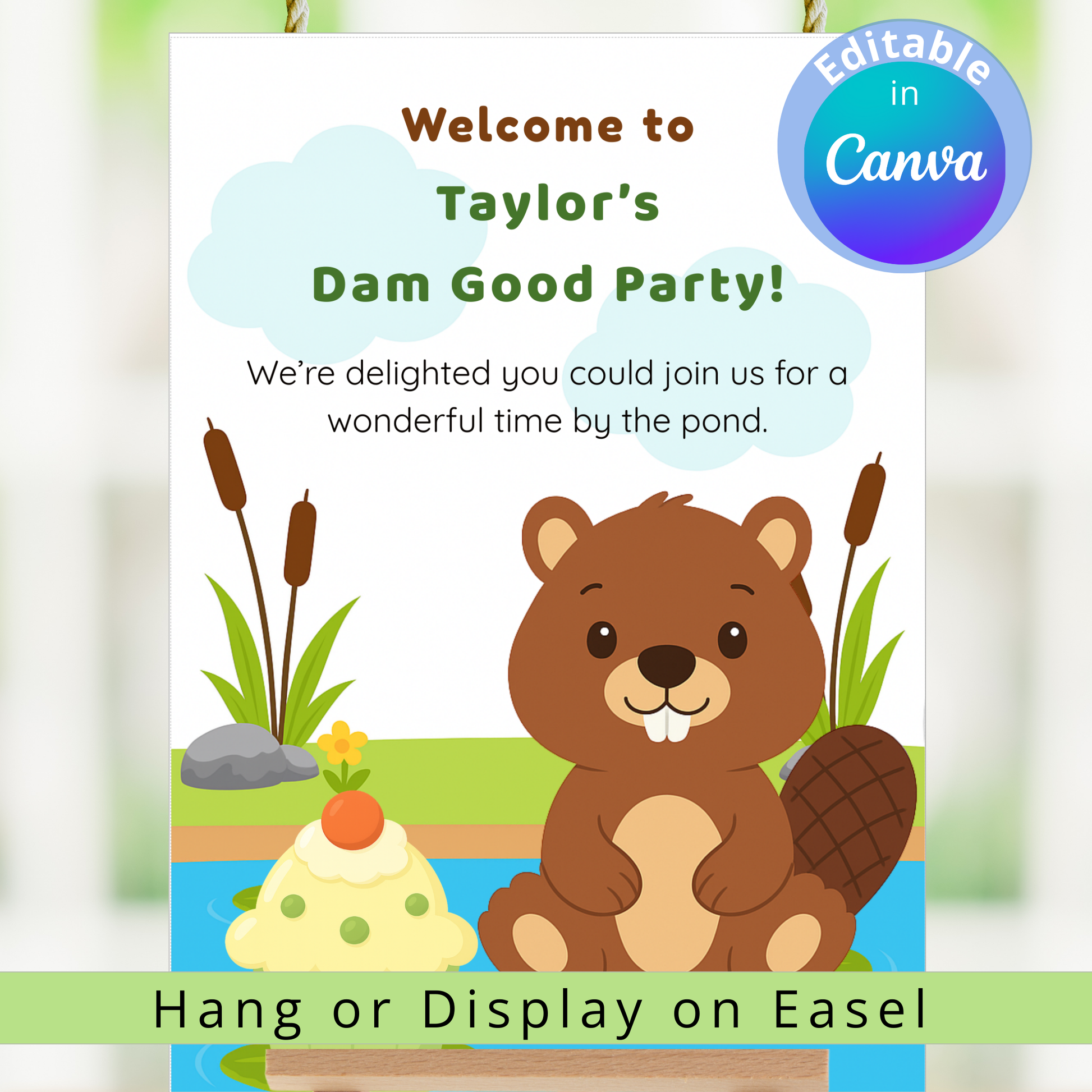 Party invitation with a cartoon beaver by a pond, featuring text and Canva branding.