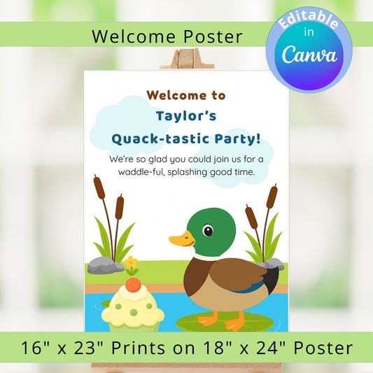 Party invitation with a duck and text on a white background
