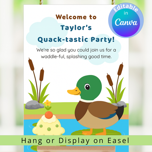 Party invitation card with a duck and pond design, featuring editable text in Canva.