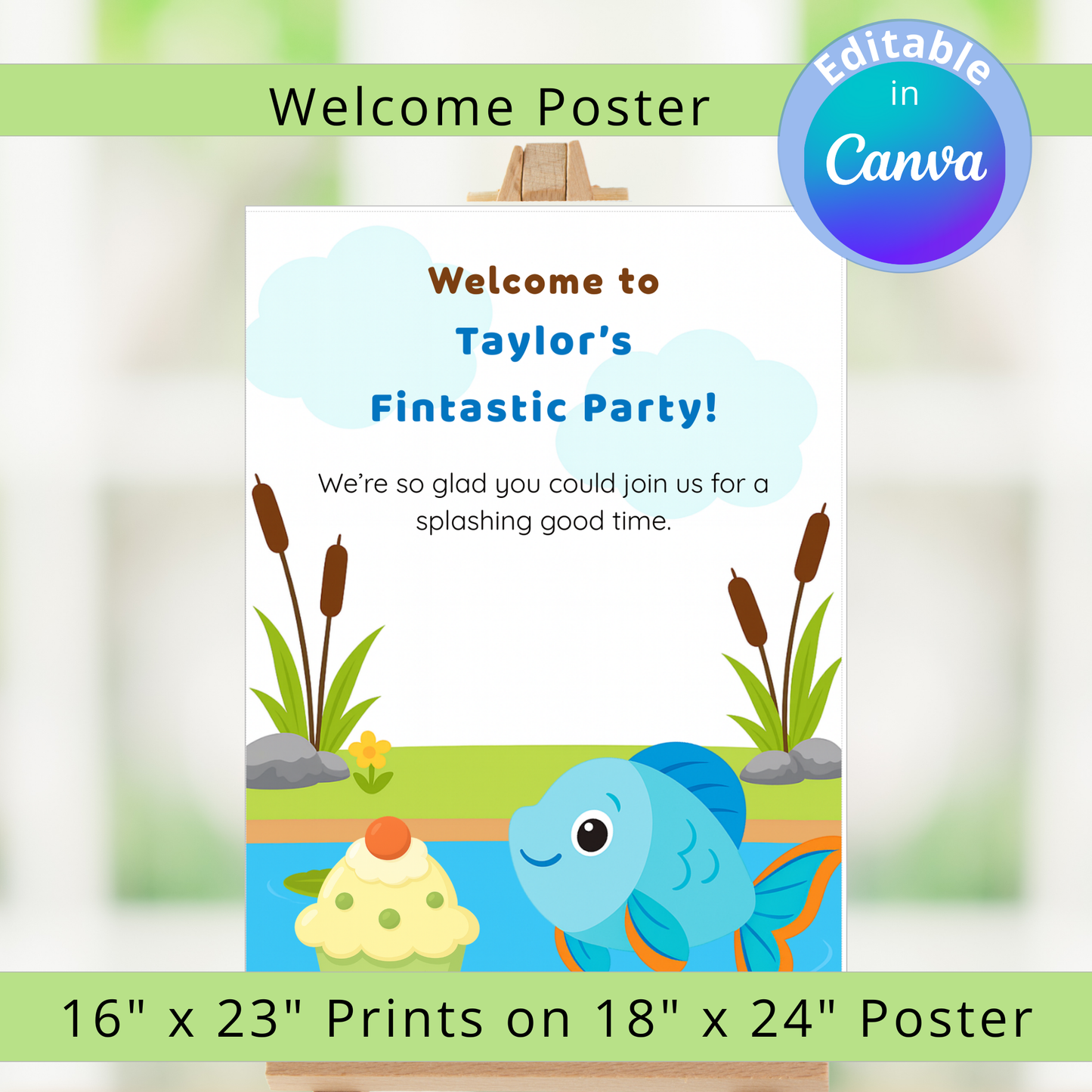 Party invitation with a fish and pond design, featuring text 'Welcome to Taylor's Fantastic Party!'.