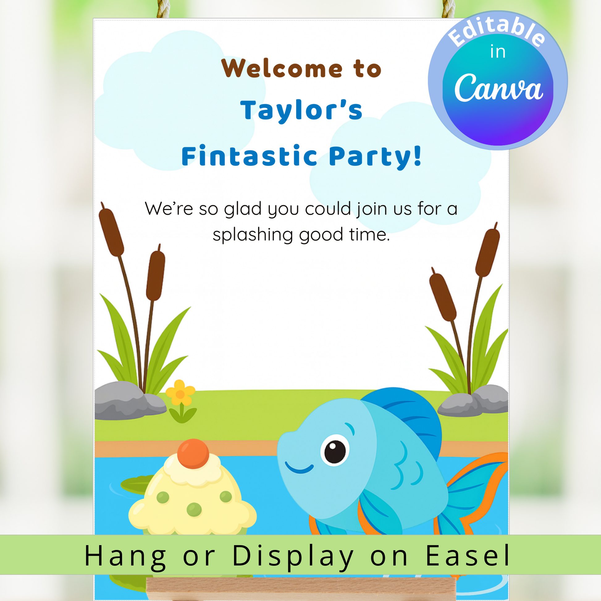 Party invitation card with a fish and lily pads design, featuring text 'Welcome to Taylor's Fintastic Party!'.