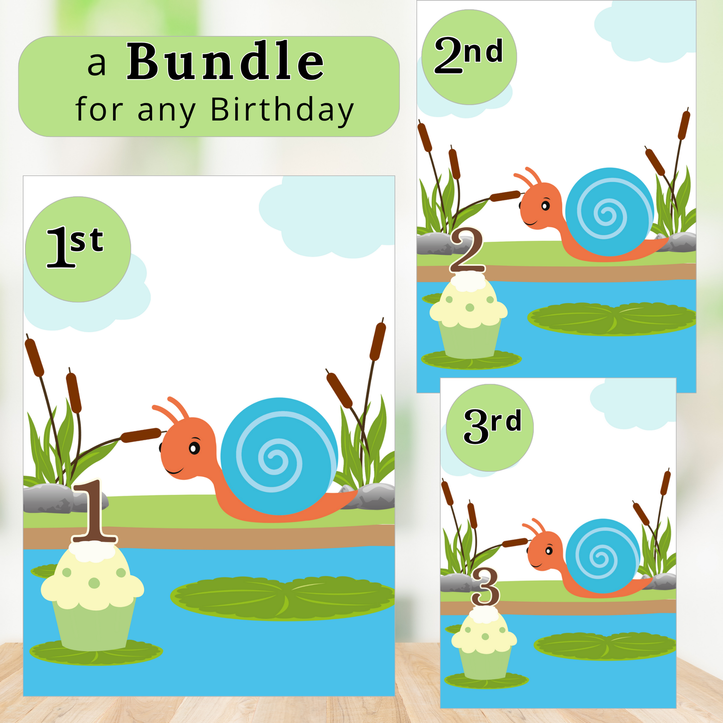 Set of three birthday cards with a snail and number decorations on a water lily background.