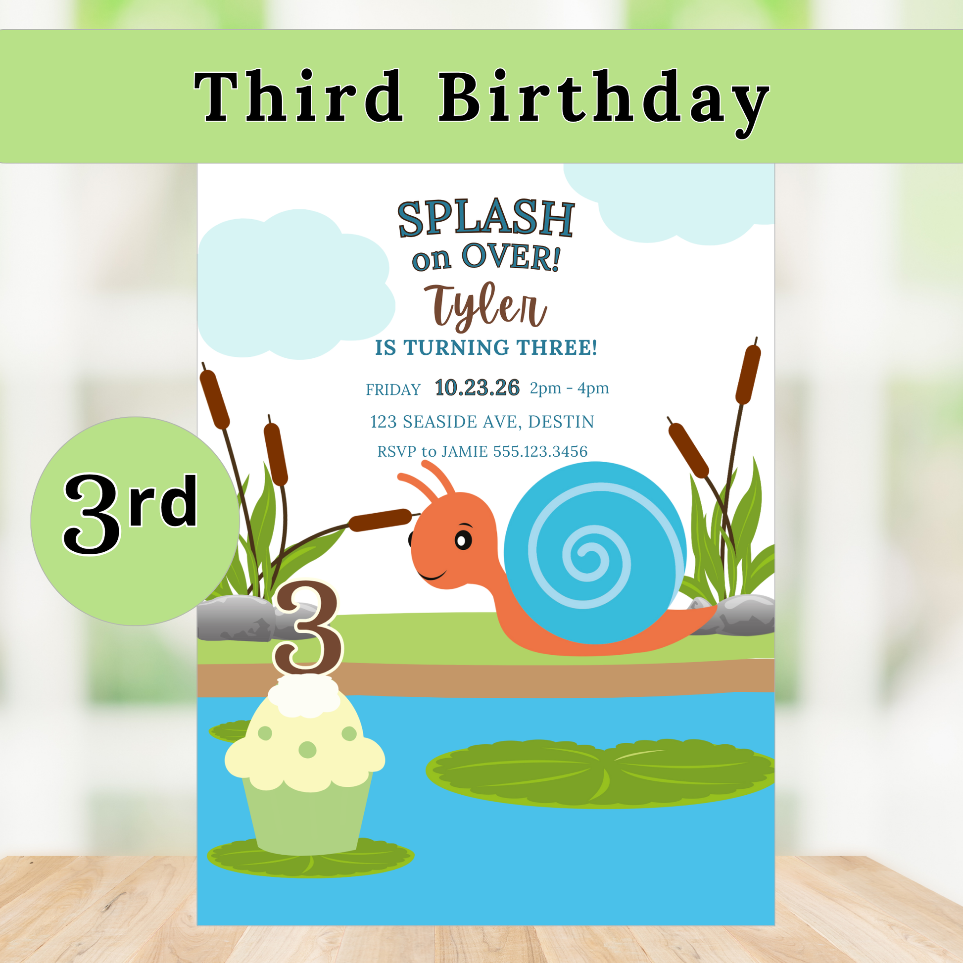 Third birthday invitation with a snail and pond design on a white background