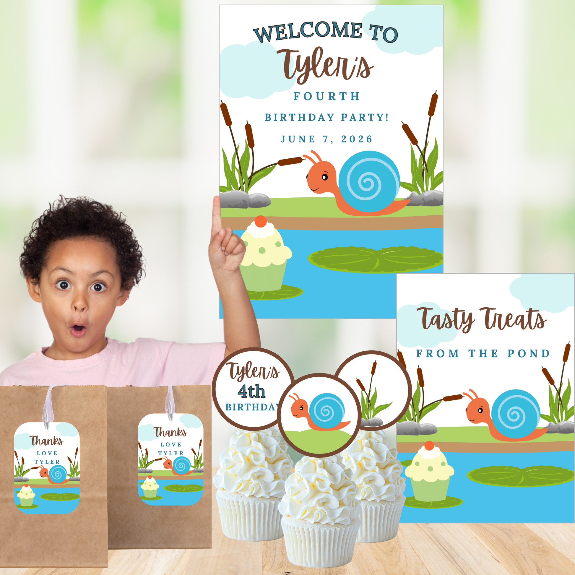 Children's birthday party supplies with a pond theme, including a banner, cups, and goodie bags.