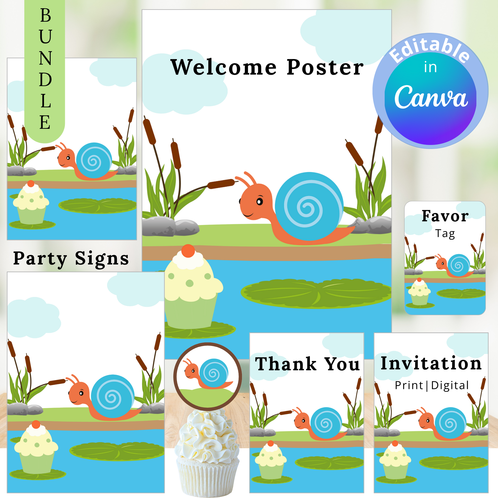 Collection of party supplies with snail and cupcake design, including a welcome poster, party signs, favor tag, invitation, and thank you card.