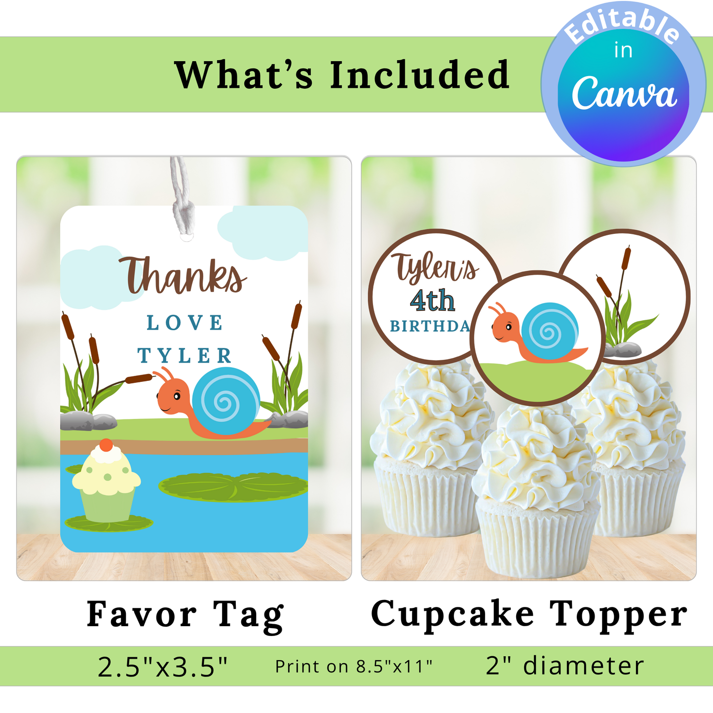 Favor tag and cupcake topper with snail design on a wooden surface.