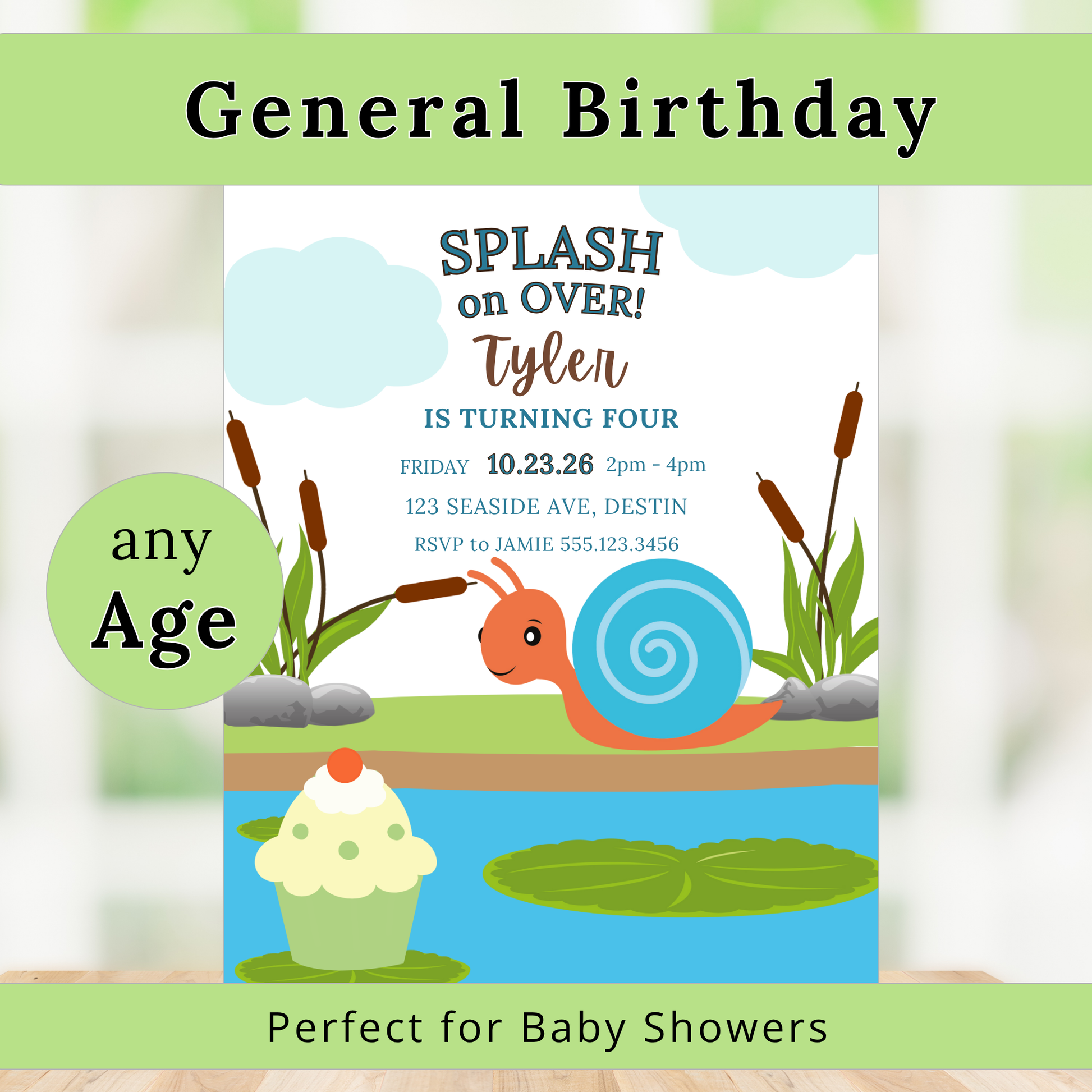 Birthday invitation card with a snail and cupcake design, suitable for any age.