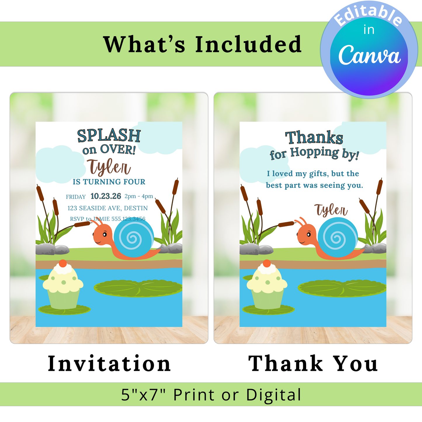 Two birthday invitations with a snail and lily pad design on a light green background.