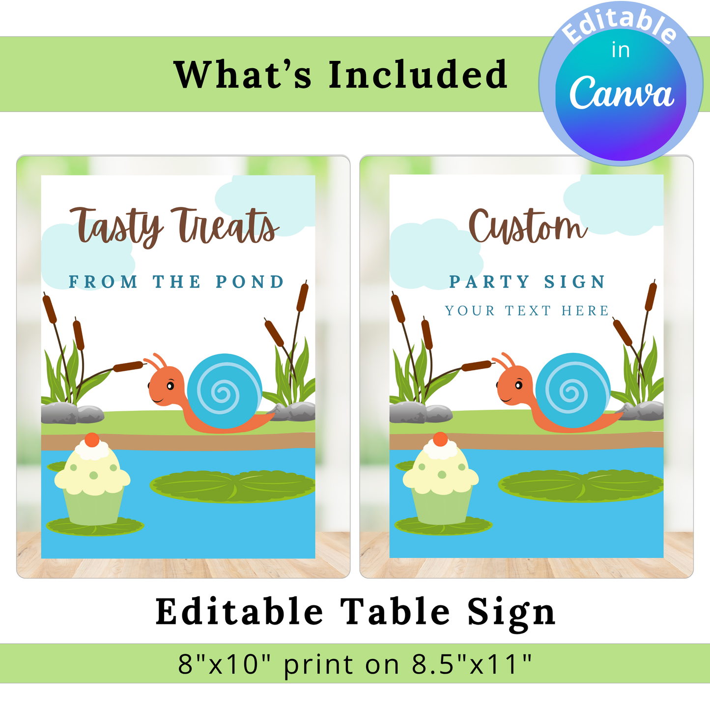 Two editable party signs with a snail and pond design on a green border.