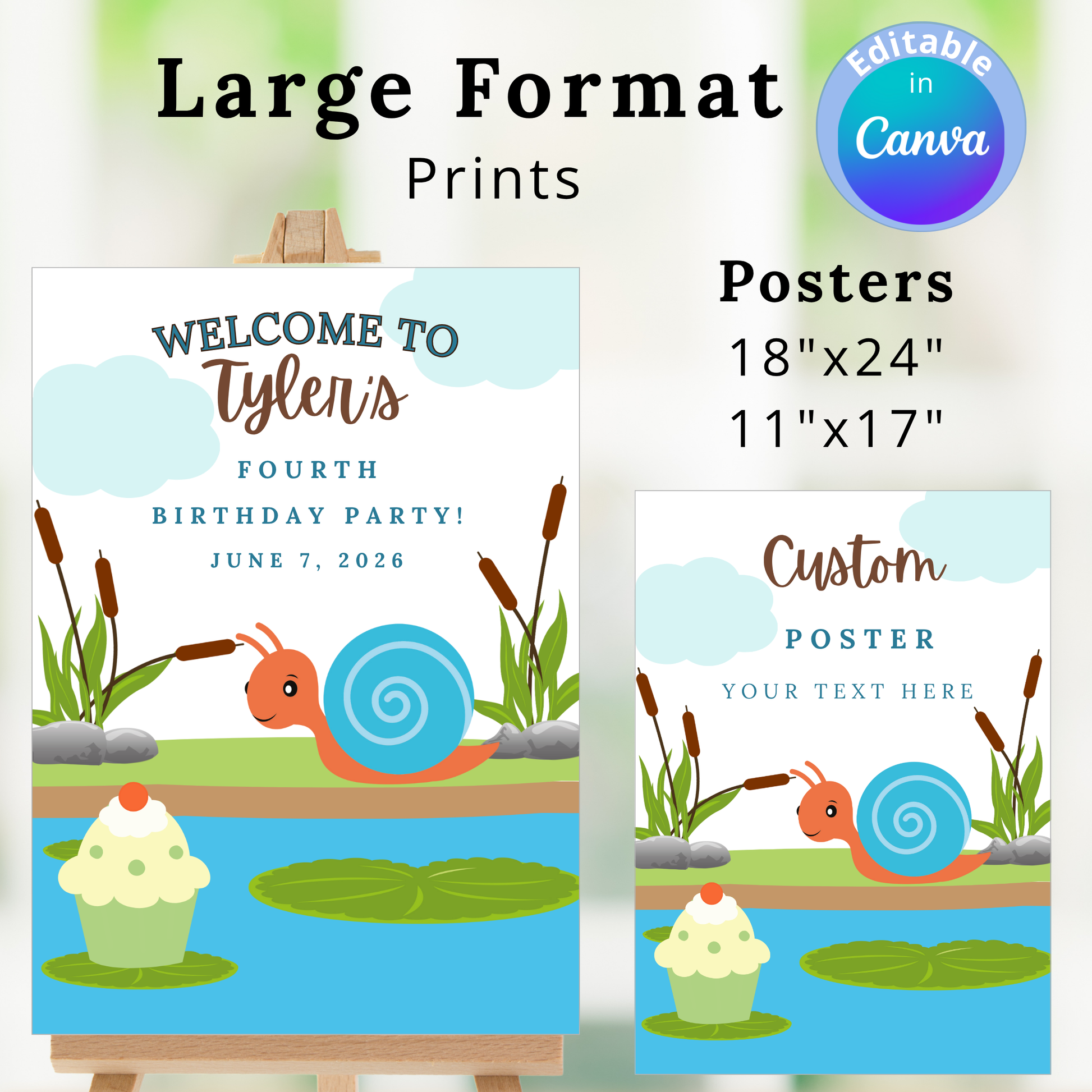 Birthday party poster with snail and cupcake design on a white background