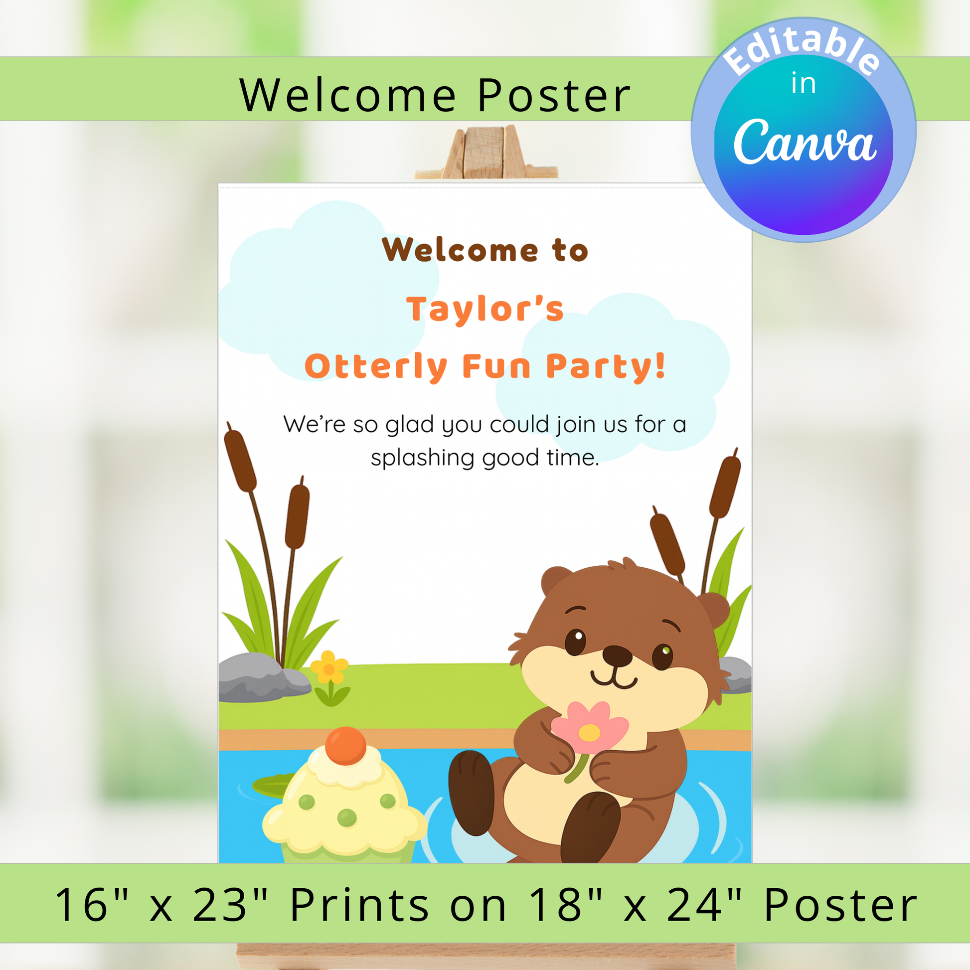 Party invitation with cartoon otter holding a flower, surrounded by cattails and water lilies.
