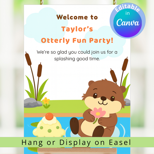 Party invitation with cartoon otter holding a flower, surrounded by cattails and water lilies.