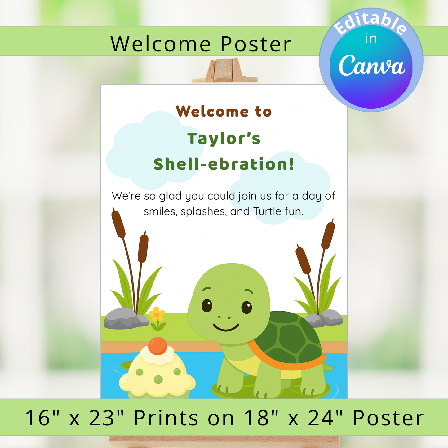 Children's birthday party poster with a turtle and text, featuring Canva editing information.