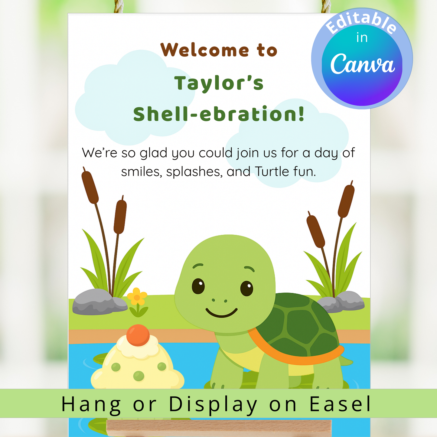Invitation card with a turtle character and text for 'Taylor's Shell-ebration' on a nature-themed background.