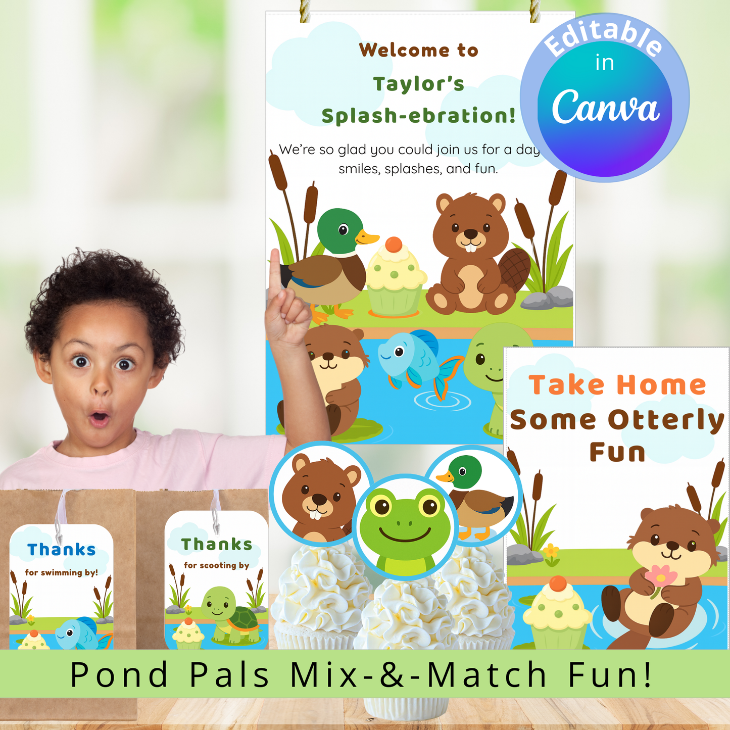 Children's party decorations with pond animal characters and editable text in Canva.