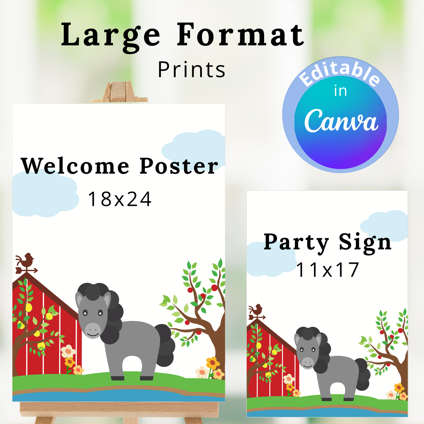 Two prints with a horse design, one labeled 'Welcome Poster' and the other 'Party Sign', on a white background.