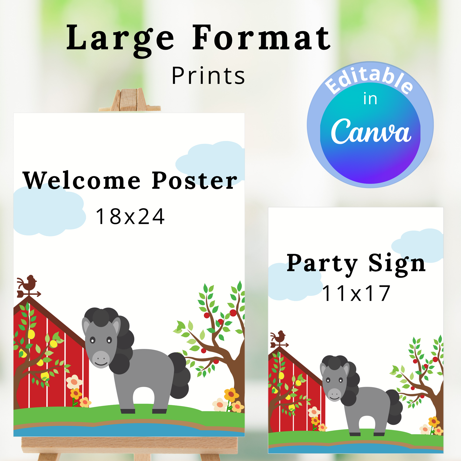 Two prints with a horse design, one labeled 'Welcome Poster' and the other 'Party Sign', on a white background.