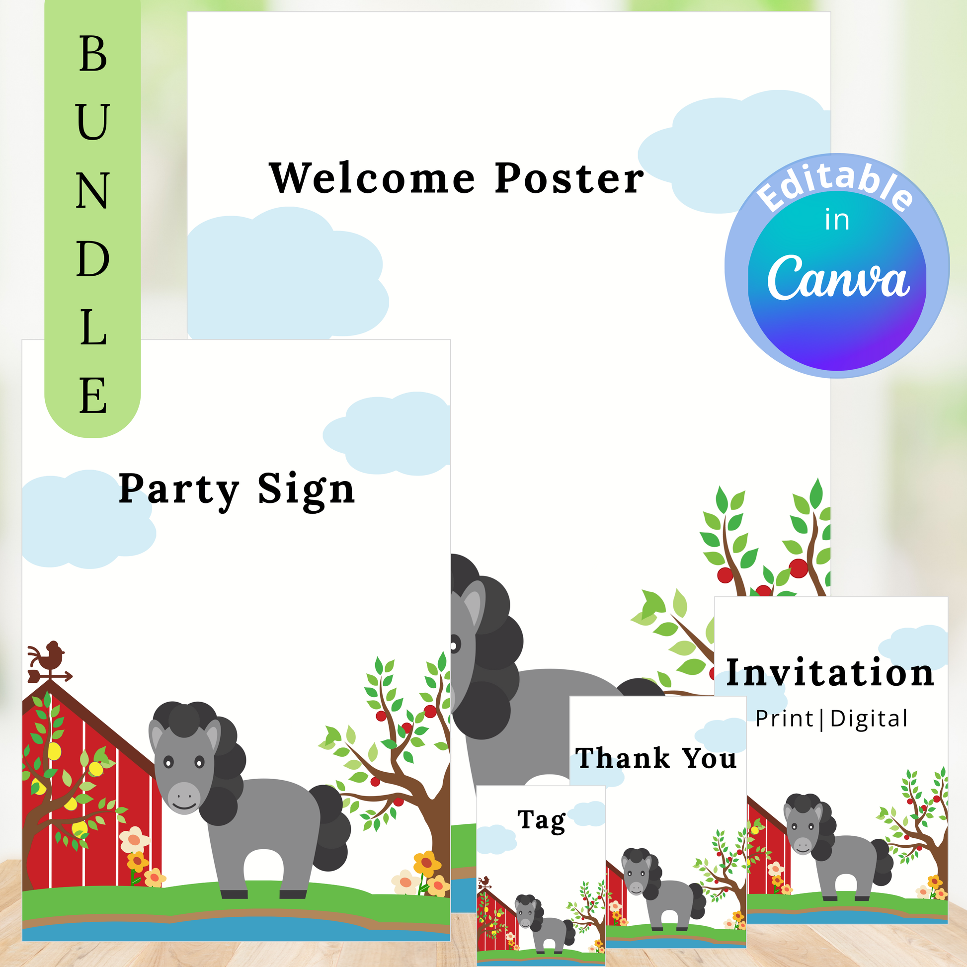 Set of party signs with farm animals and editable text in Canva.