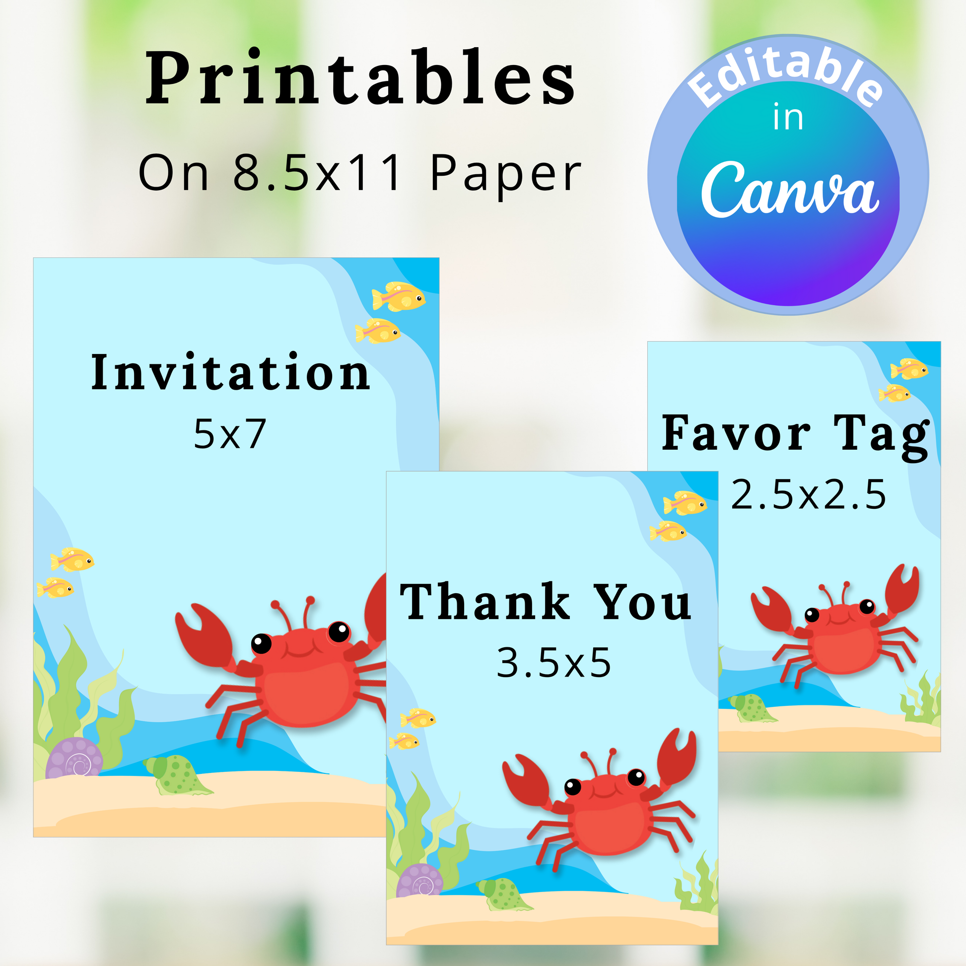 Printables with crab design on 8.5x11 paper, including invitation and favor tag sizes.