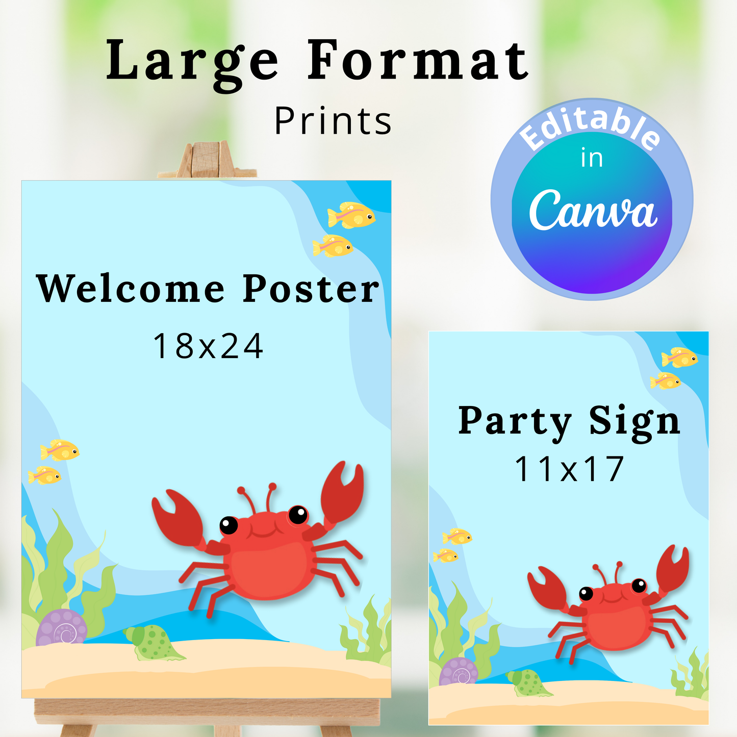 Two crab-themed posters, one a welcome poster and one a party sign, with an editable feature in Canva.