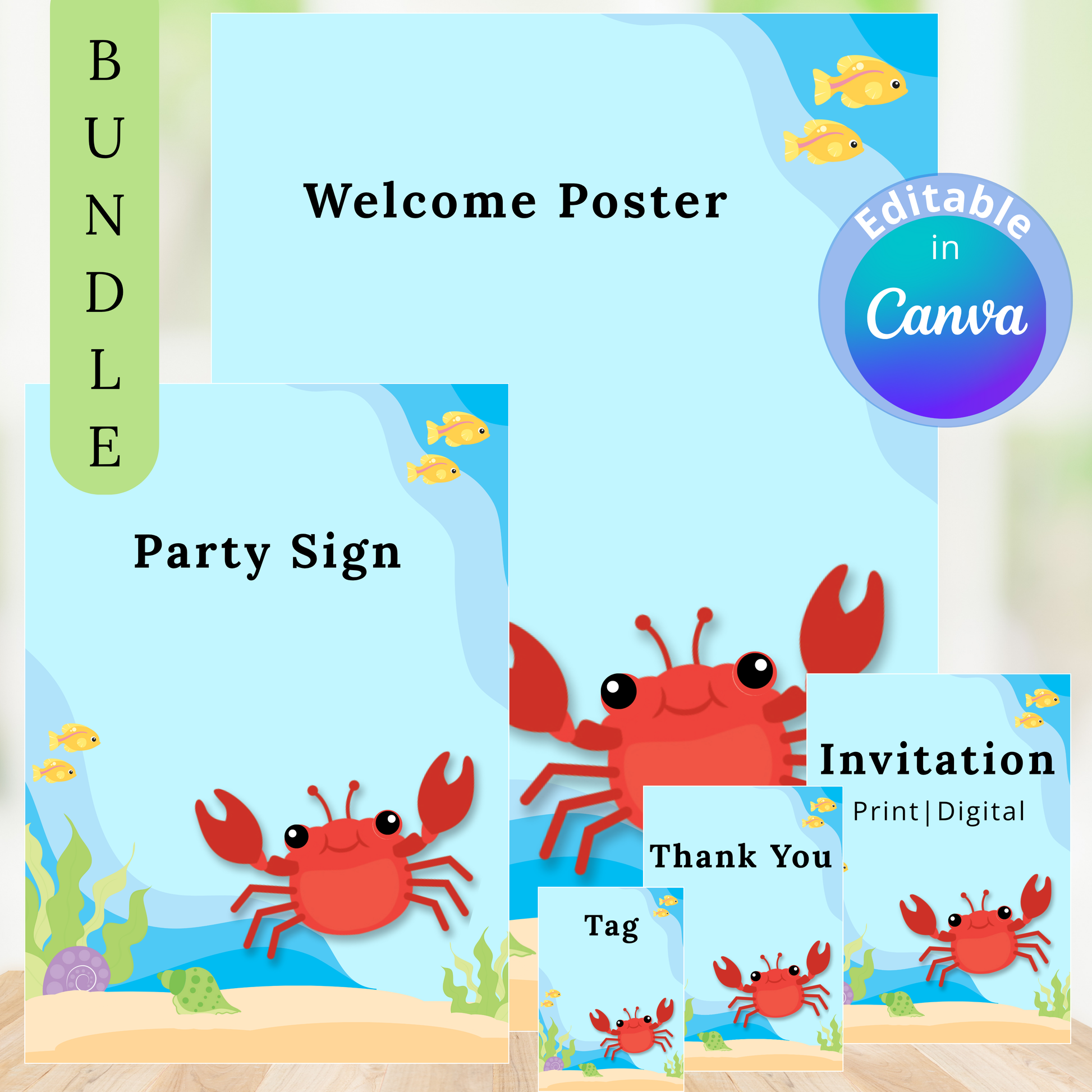 Underwater-themed party package with crab illustrations including a welcome poster, party sign, invitation, thank you tag, and digital bundle.