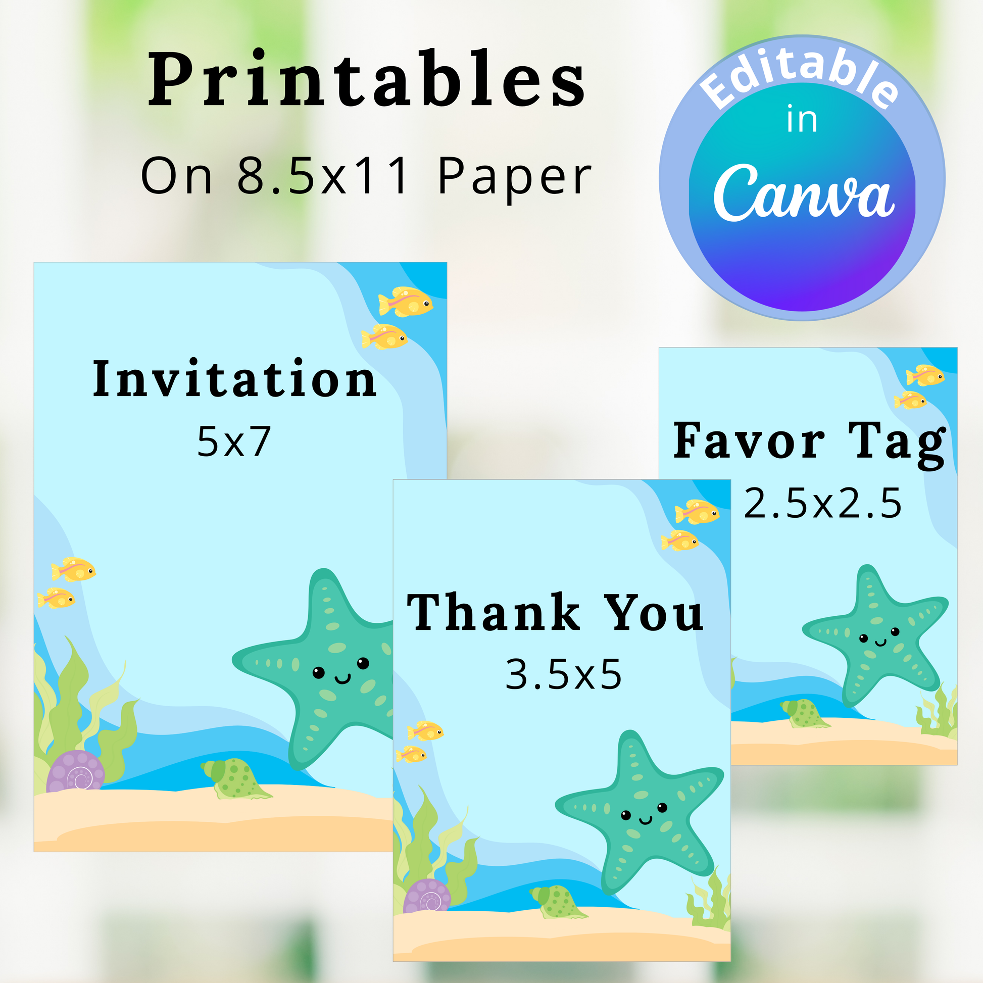 Underwater-themed printables including invitations and favor tags with starfish designs on 8.5x11 paper.