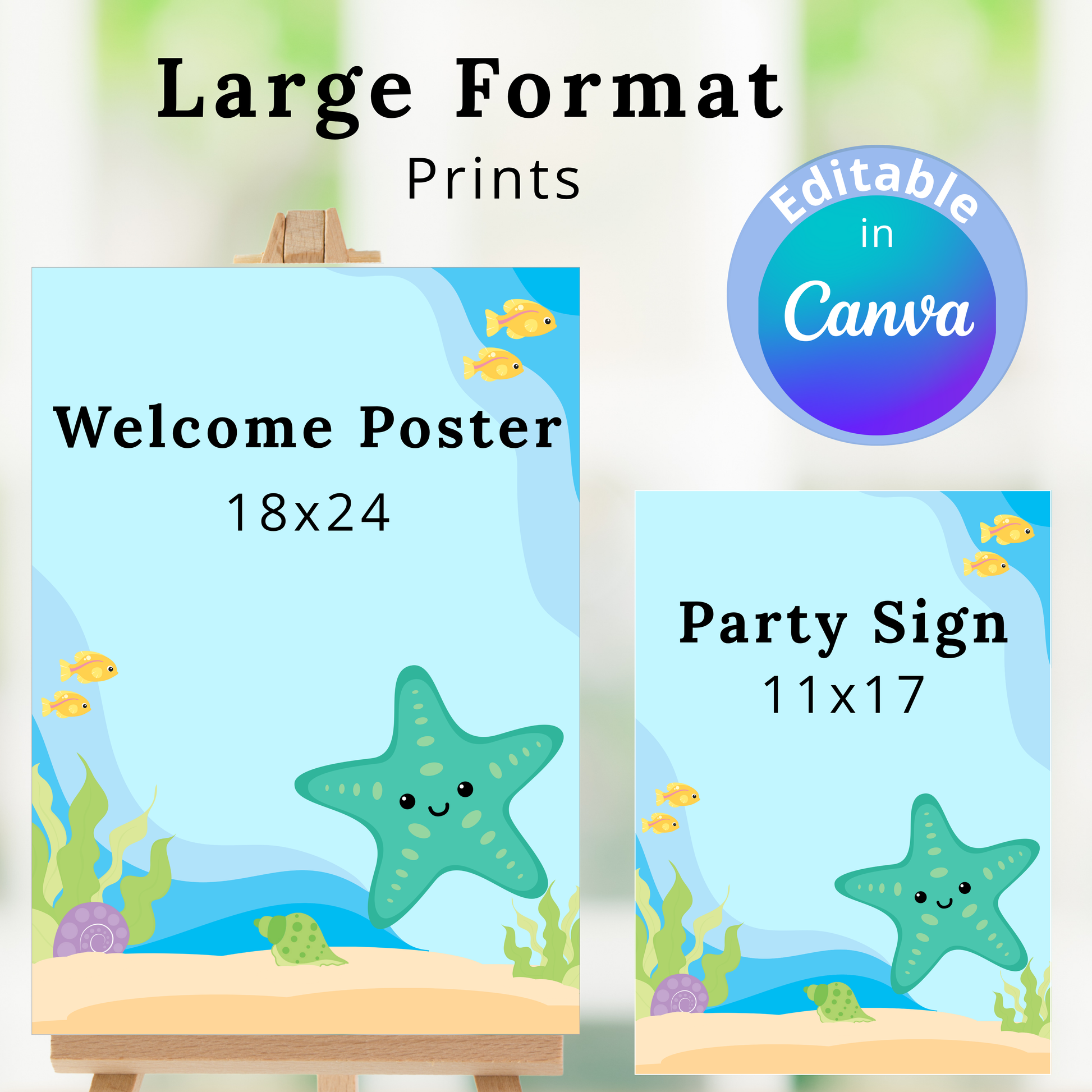 Two undersea-themed signs with a starfish, fish, and coral on a light blue background.