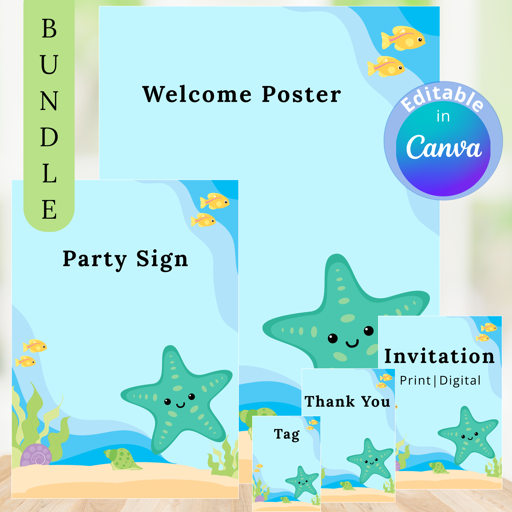 Underwater-themed party printables with starfish design, including a welcome poster, party sign, invitation, thank you tag, and digital bundle.