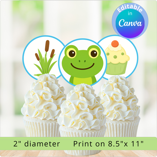 Set of cupcake toppers with a frog design on a white background